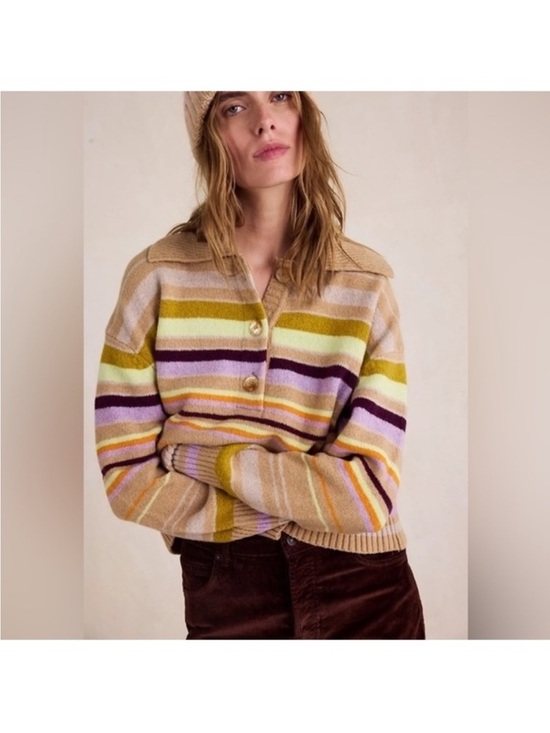 Free People Sweaters - Free People Trading Up Striped Polo Sweater Tan Multi Stripe Collar Buttons S